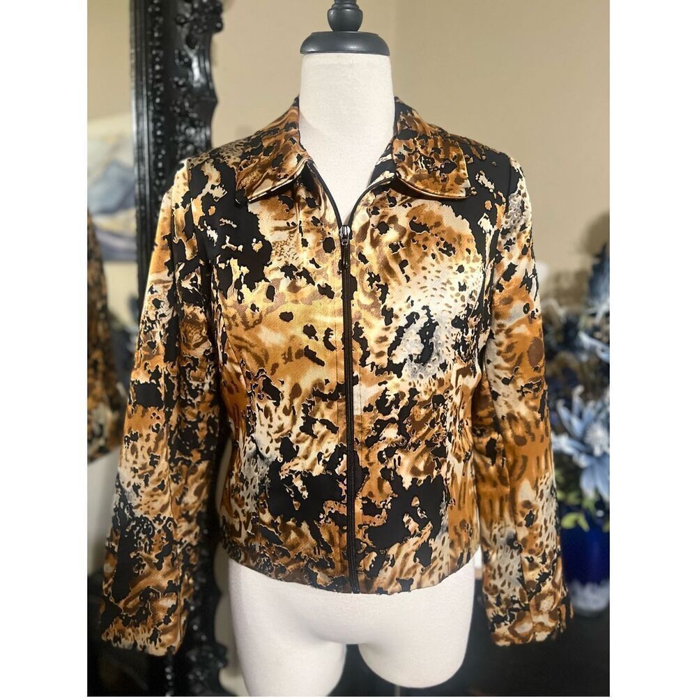 Lorizoni Animal Print Brocade Jacket Women’s Small Brown Black Gold Shimmer Zip